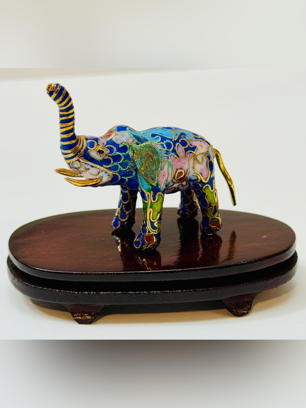 Vintage Chinese Cloisonné Enamel Elephant Figurine w/ Wood Stand